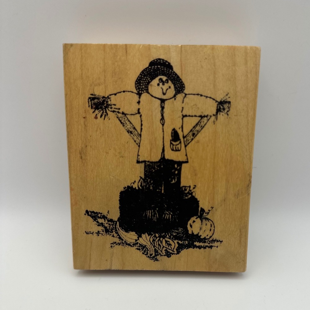 Stamps On Fire Fall Halloween Scarecrow Pumpkin Wood Mount Rubber Stamp Vintage
